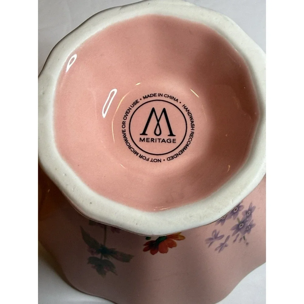 Meritage Pink Floral Teacup & Saucer Scalloped Gold Trim Tea Cup Set 6